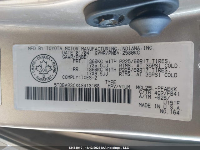 Aukcja sprzedaży 2004 Toyota Sienna Le, vin: 5TDBA23CX4S013168, numer aukcji: 12454010