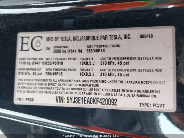 Tesla Model 3 Long Range/mid Range/standard Range/standard Range Plus 2019 5YJ3E1EA0KF420092 Image 39