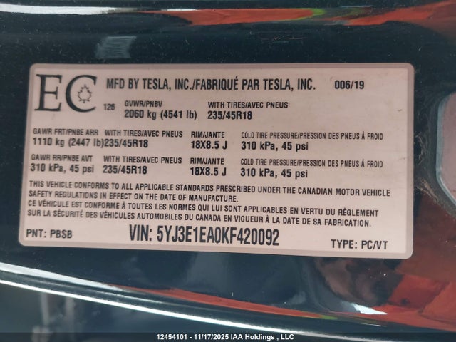Tesla Model 3 Long Range/mid Range/standard Range/standard Range Plus 2019 5YJ3E1EA0KF420092 Image 30