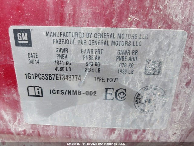 1G1PC5SB7E7348774 Chevrolet Cruze 1lt