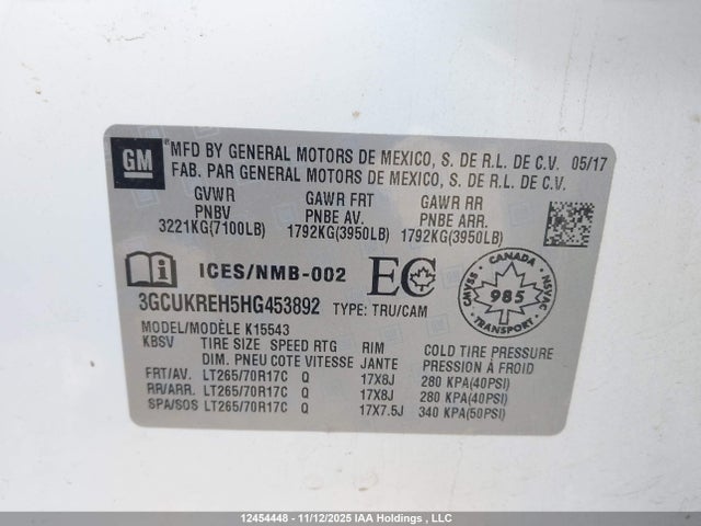 3GCUKREH5HG453892 Chevrolet Silverado 1500 1lt/2lt