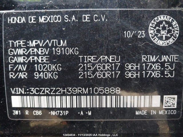 3CZRZ2H39RM105888 Honda HR-V LX