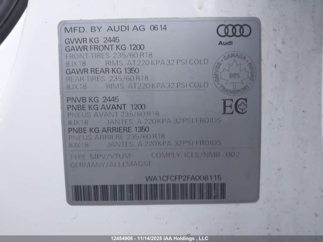 Продажа на аукционе авто 2015 Audi Q5, vin: WA1CFCFP2FA008115, номер лота: 12454908