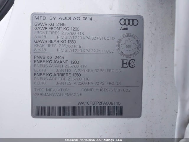 Продажа на аукционе авто 2015 Audi Q5, vin: WA1CFCFP2FA008115, номер лота: 12454908