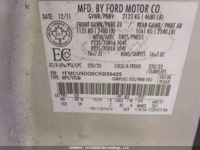 Продаж на аукціоні авто 2012 Ford Escape Xlt, vin: 1FMCU9DG0CKB59425, номер лоту: 12454918
