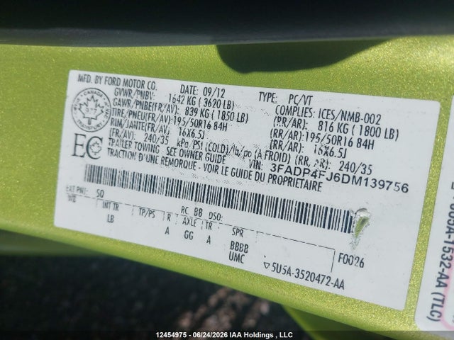 2013 Ford Fiesta Titanium მანქანა იყიდება აუქციონზე, vin: 3FADP4FJ6DM139756, აუქციონის ნომერი: 12454975