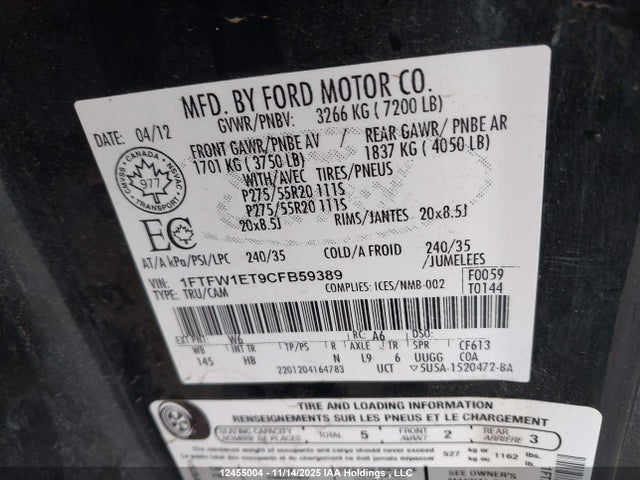 12455004 :رقم المزاد ، 1FTFW1ET9CFB59389 vin ، 2012 Ford F-150 Lariat مزاد بيع
