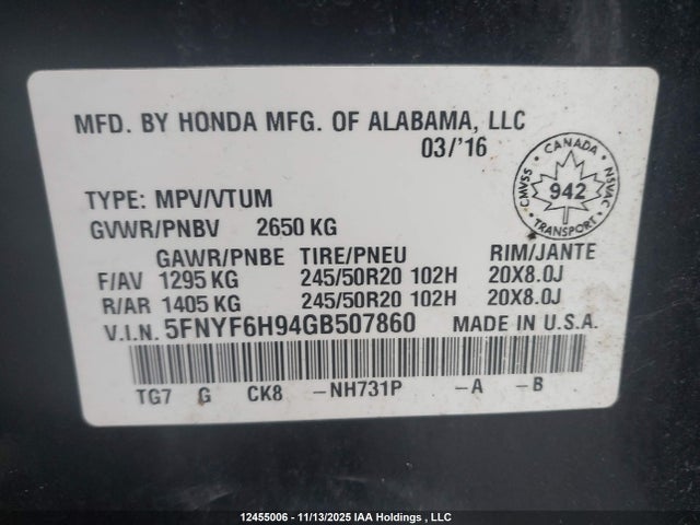 5FNYF6H94GB507860 Honda Pilot