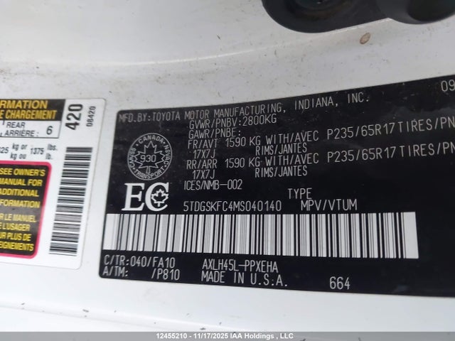 5TDGSKFC4MS040140 Toyota Sienna Le/xle/xse/limited/platinum