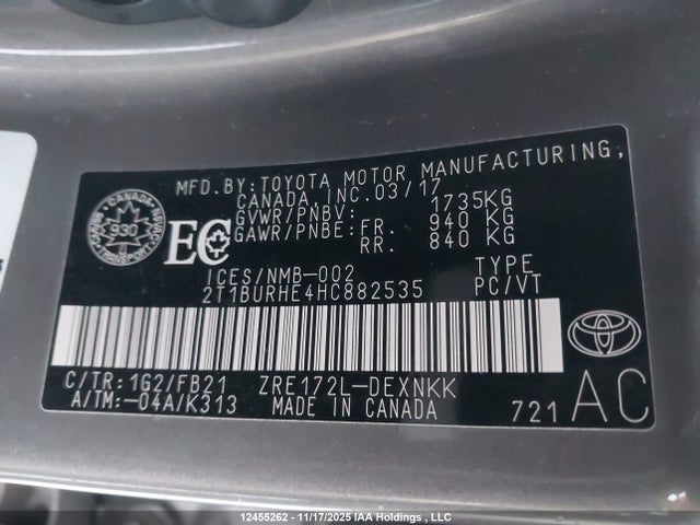 Aukcja sprzedaży 2017 Toyota Corolla, vin: 2T1BURHE4HC882535, numer aukcji: 12455262