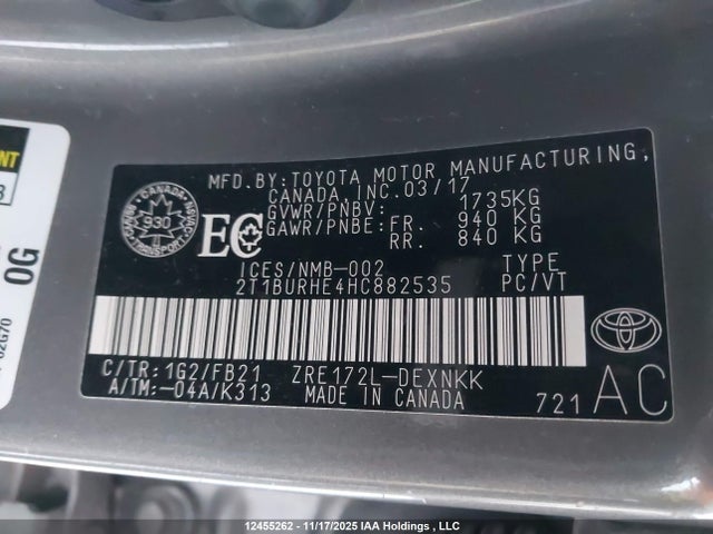 Aukcja sprzedaży 2017 Toyota Corolla, vin: 2T1BURHE4HC882535, numer aukcji: 12455262