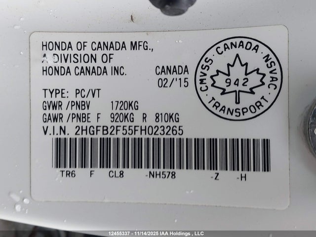 Продаж на аукціоні авто 2015 Honda Civic Ex, vin: 2HGFB2F55FH023265, номер лоту: 12455337