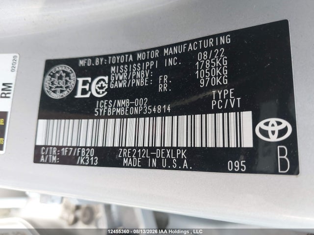5YFBPMBE0NP354814 Toyota COROLLA LE