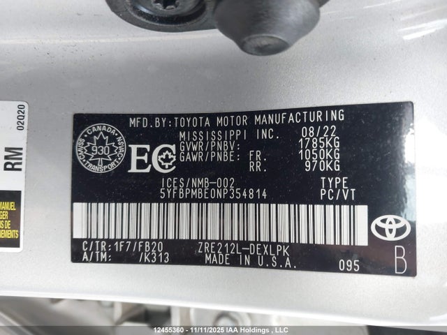5YFBPMBE0NP354814 Toyota COROLLA LE
