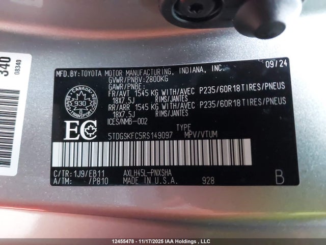 5TDGSKFC5RS149097 Toyota Sienna Xse 7-passenger