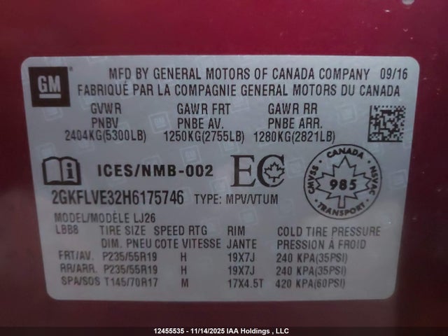 Auction sale of the 2017 Gmc Terrain, vin: 2GKFLVE32H6175746, lot number: 12455535