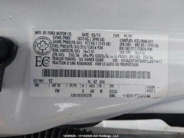 Продаж на аукціоні авто 2015 Ford Focus, vin: 1FADP3F25FL257417, номер лоту: 12455538