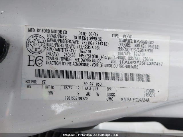 Продаж на аукціоні авто 2015 Ford Focus, vin: 1FADP3F25FL257417, номер лоту: 12455538