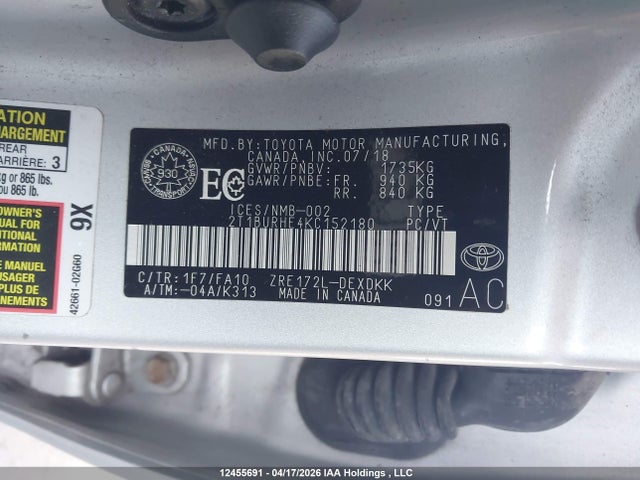 12455691 :رقم المزاد ، 2T1BURHE4KC152180 vin ، 2019 Toyota Corolla مزاد بيع