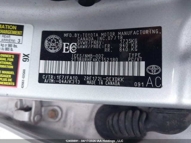 12455691 :رقم المزاد ، 2T1BURHE4KC152180 vin ، 2019 Toyota Corolla مزاد بيع