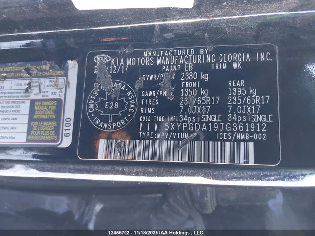 5XYPGDA19JG361912 KIA Sorento Lx/l