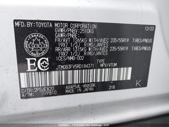 12455831 :رقم المزاد ، JTMGB3FV5RD184371 vin ، 2024 Toyota Rav4 Prime Xse مزاد بيع