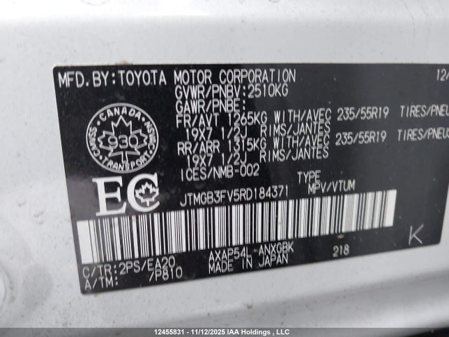 12455831 :رقم المزاد ، JTMGB3FV5RD184371 vin ، 2024 Toyota Rav4 Prime Xse مزاد بيع