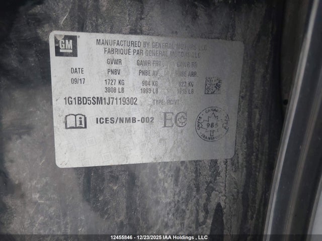 Aukcja sprzedaży 2018 Chevrolet Cruze, vin: 1G1BD5SM1J7119302, numer aukcji: 12455846