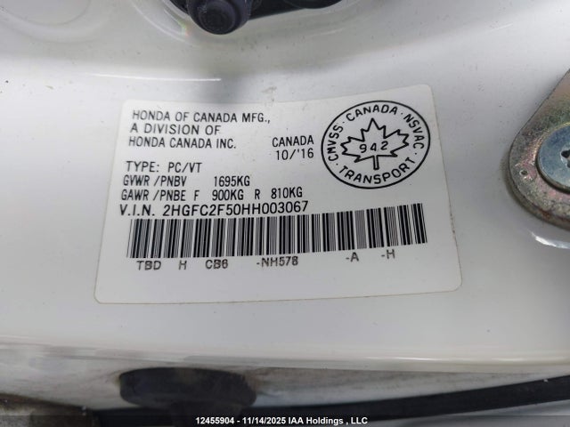 12455904 :رقم المزاد ، 2HGFC2F50HH003067 vin ، 2017 Honda Civic مزاد بيع
