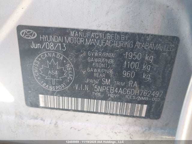 12455959 :رقم المزاد ، 5NPEB4AC6DH762497 vin ، 2013 Hyundai Sonata Gl مزاد بيع