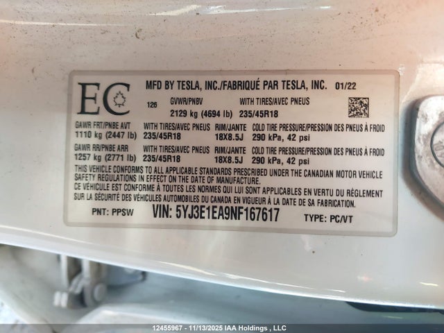 5YJ3E1EA9NF167617 Tesla Model 3 Rwd/standard Range