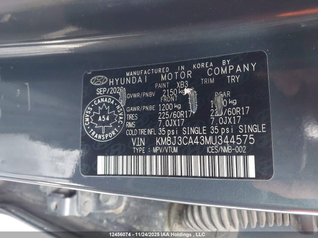 Aukcja sprzedaży 2021 Hyundai Tucson, vin: KM8J3CA43MU344575, numer aukcji: 12456074