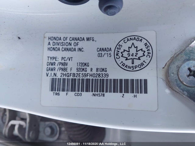 Aukcja sprzedaży 2015 Honda Civic, vin: 2HGFB2E59FH028339, numer aukcji: 12456081