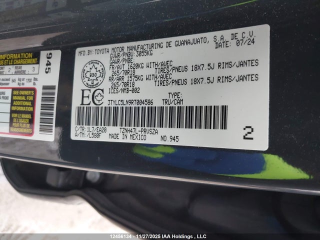 12456134 :رقم المزاد ، 3TYLC5LN9RT004586 vin ، 2024 Toyota Tacoma Hybrid مزاد بيع