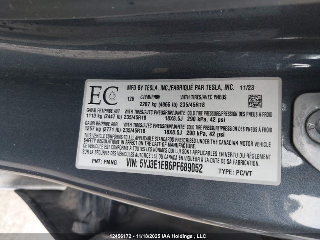 5YJ3E1EB6PF689052 Tesla Model 3 Long Range