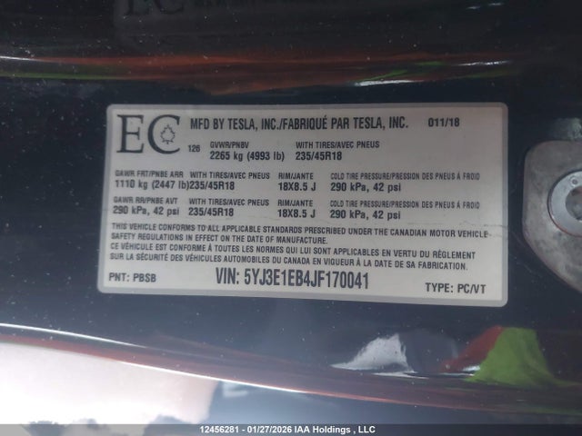 5YJ3E1EB4JF170041 Tesla Model 3 Long Range/performance