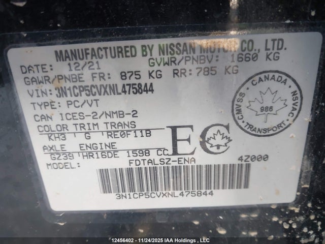 3N1CP5CVXNL475844 Nissan KICKS SV