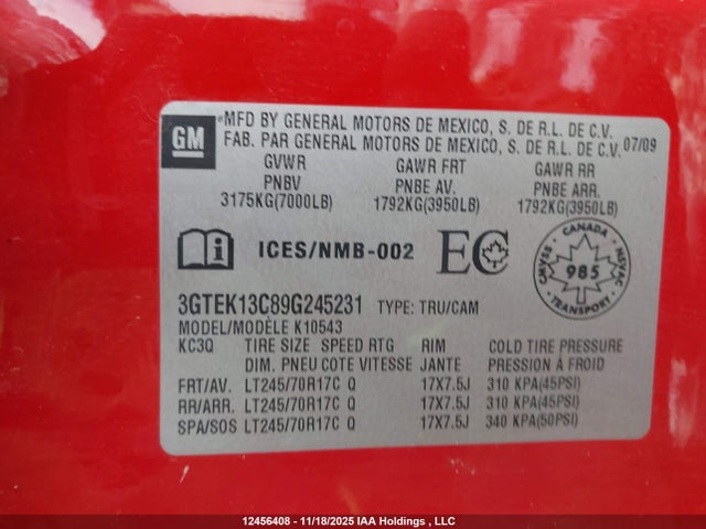 Aukcja sprzedaży 2009 Gmc Sierra 1500 Sl/sle/wt, vin: 3GTEK13C89G245231, numer aukcji: 12456408