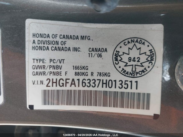 Aukcja sprzedaży 2007 Honda Civic Dx, vin: 2HGFA16337H013511, numer aukcji: 12456570