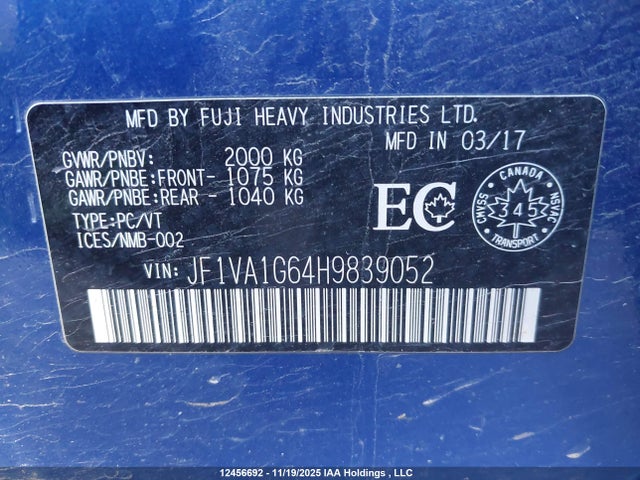 Subaru WRX 2017 JF1VA1G64H9839052 Image 9