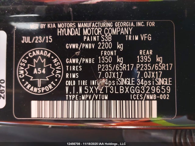 5XYZT3LBXGG329659 Hyundai Santa Fe