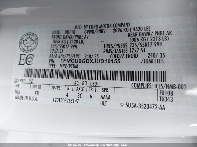 1FMCU0GDXJUD10155 Ford ESCAPE SE