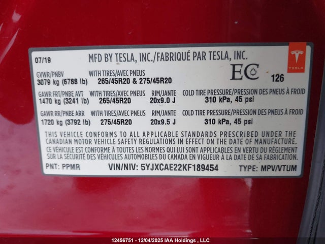 Продажа на аукционе авто 2019 Tesla Model X 100d/75d/long Range/p100d, vin: 5YJXCAE22KF189454, номер лота: 12456751