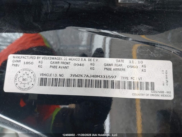 Продажа на аукционе авто 2011 Volkswagen Jetta, vin: 3VW2K7AJ4BM331597, номер лота: 12456802