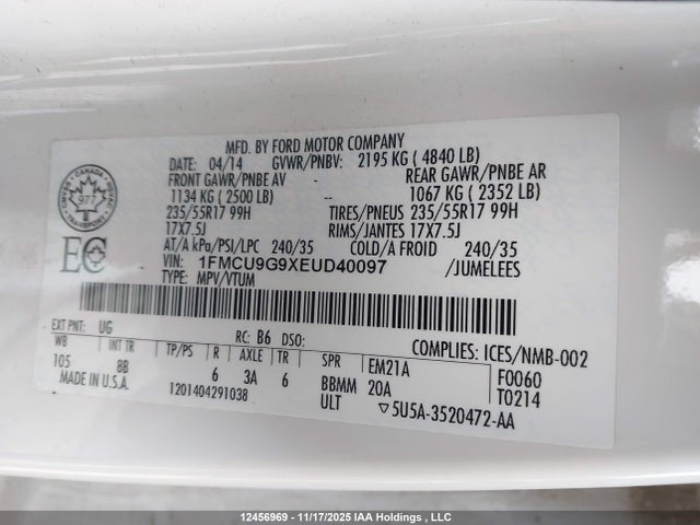 1FMCU9G9XEUD40097 Ford ESCAPE SE