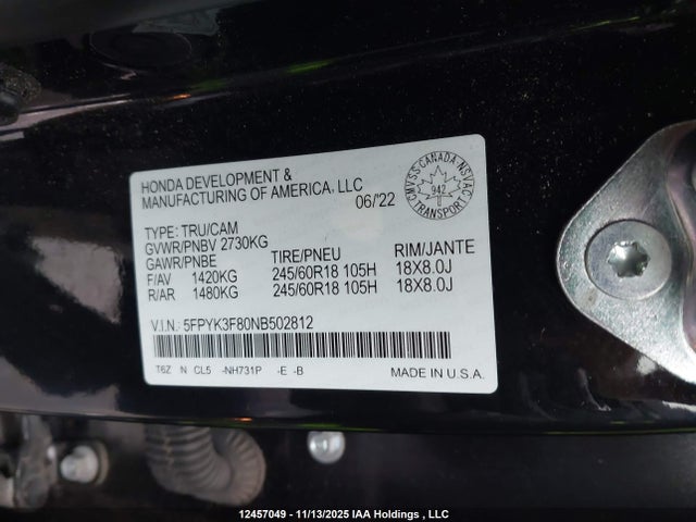 5FPYK3F80NB502812 Honda Ridgeline Black Edition