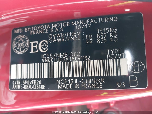 VNKKTUD3XJA091132 Toyota Yaris L/le/se