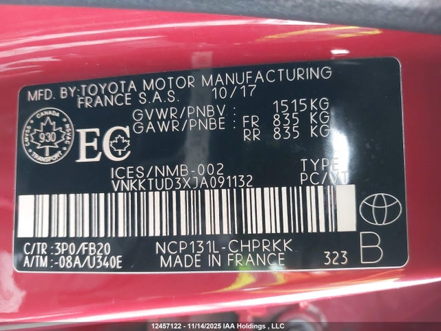VNKKTUD3XJA091132 Toyota Yaris L/le/se