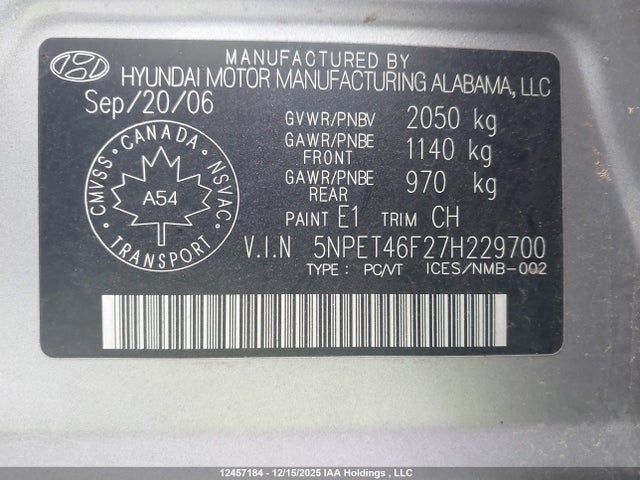 Aukcja sprzedaży 2007 Hyundai Sonata Gl V6/gls V6, vin: 5NPET46F27H229700, numer aukcji: 12457184