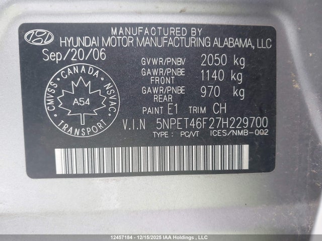 Aukcja sprzedaży 2007 Hyundai Sonata Gl V6/gls V6, vin: 5NPET46F27H229700, numer aukcji: 12457184